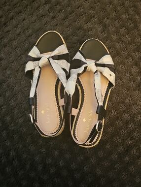 kate spade Black and White Striped Bow Slingback Espadrilles